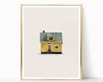 Minimalist Art Print, House Illustration, Digital Printable, MODERN, Home, Wall Hanging, PRINTABLE, yellow, wall decor, office living room