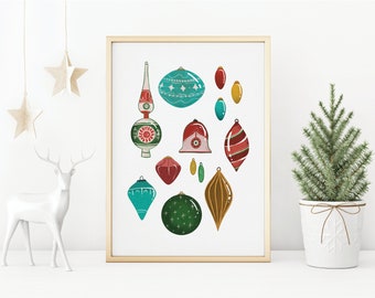 Vintage Ornament ILLUSTRATION, Christmas PRINTABLE Wall Art, Gauche paint, HOLIDAY Poster Print, Modern Home Decor, Digital Download, Retro