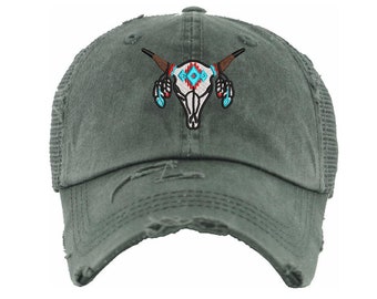 Distressed Cow Skull Baseball Cap: Aztec Embroidered  display picture 1