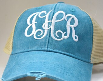 Monogram Distressed Women's Trucker Hat Personalized Cap  Mesh Cap monogram hat Distressed Personalized Monogram hat Ladies cap, trucker hat