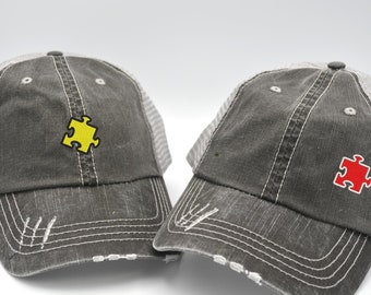 Autism Puzzle Peace cap, Trucker OR baseball cap, puzzle piece, autism Love awareness Hat Distressed trucker hat