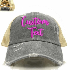 CUSTOM text LOGO Criss Cross, High Ponytail, Messy Bun Cap, vintage distressed cap