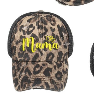 Cheetah Leopard Print Criss Cross High Ponytail Messy Bun Cap Mama hat