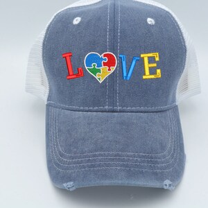 Autism Love cap, Puzzle Heart autism, puzzle piece, autism awareness Hat Distressed trucker hat