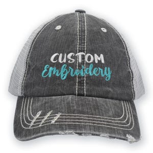 Custom Embroidered Distressed Trucker Hat: High Ponytail, Monogram Gift
