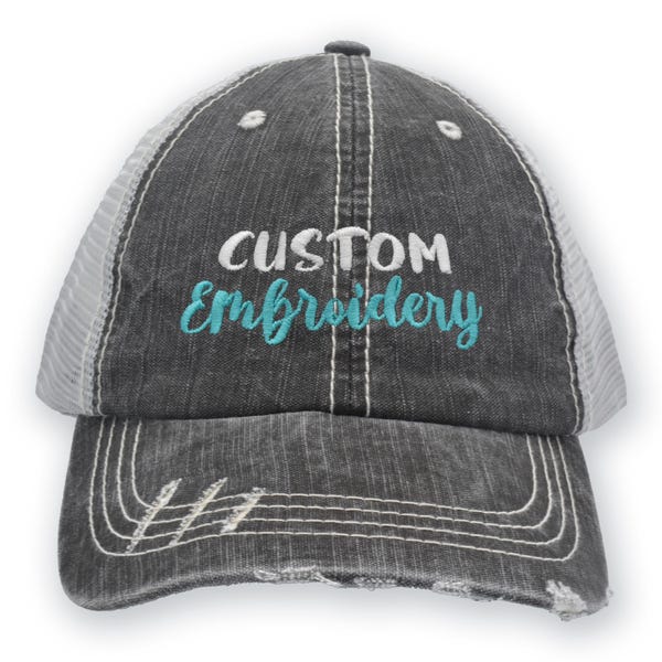 Custom Embroidered Distressed Trucker Hat: High Ponytail, Monogram Gift