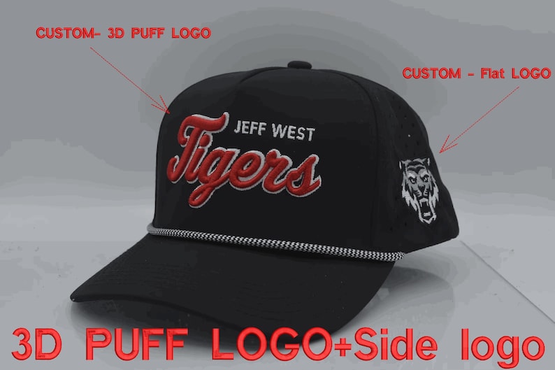 May include: A black baseball cap featuring a red and white 3D puff embroidered logo that reads JEFF WEST Tigers on the front, a white and black braided rope across the brim, and a white flat embroidered tiger head logo on the side panel.