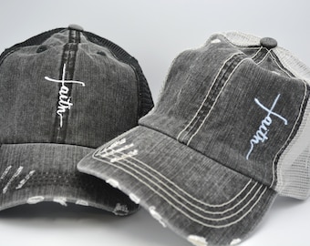 Faith Cross Hat DISTRESSED TRUCKER HAT or Distressed Ponytail Messy Bun Cross Hat, Jesus hat, Christian custom hat