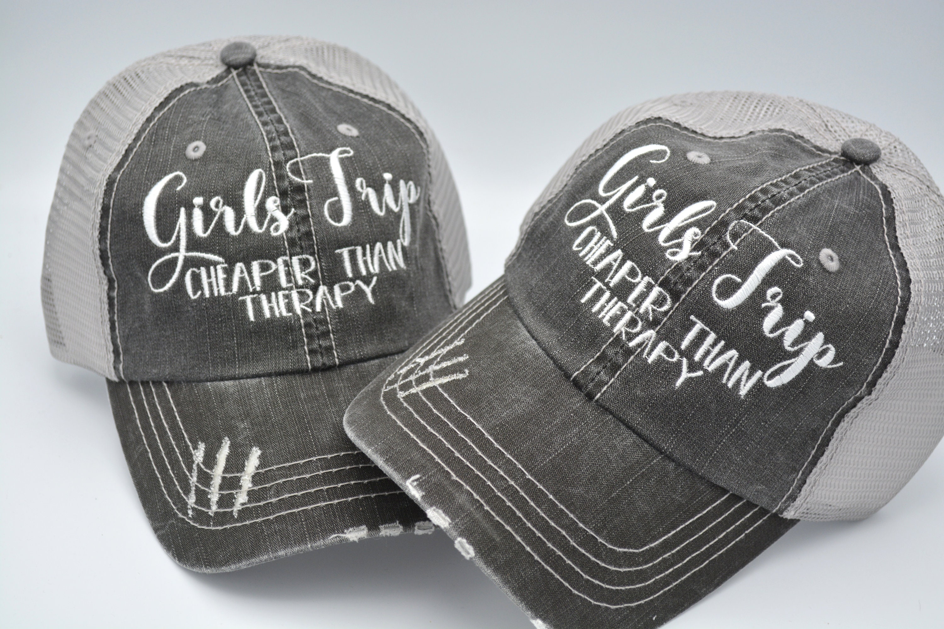 Girls Trip Cheaper Than Therapy Distressed Women Trucker Hat Summer Vacation Girl s Trip Party BFF Funny Saying Embroidery Beach Please