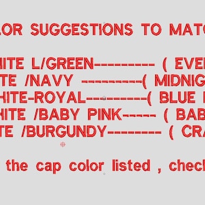 Peut inclure: Une liste de suggestions de couleurs de fil pour assortir les bords de chapeaux, avec des noms de couleurs tels que &laquo; Evergreen &raquo;, &laquo; Midnight Blue &raquo;, &laquo; Blue Ribbon &raquo;, &laquo; Baby Pink &raquo; et &laquo; Cranberry &raquo;. Le texte rouge est sur fond gris clair. V&eacute;rifiez la description si la couleur du chapeau n'est pas r&eacute;pertori&eacute;e.