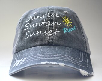Sunrise Suntan Sunset repeat Distressed Women Trucker Hat Mesh Back Denim Mesh Cap Girls Trip bachelorette party Funny Saying Embroidery