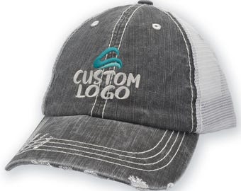 Custom Logo/Text Ponytail Hat - Women’s Distressed Trucker Cap, Gray Mesh, High Bun Friendly