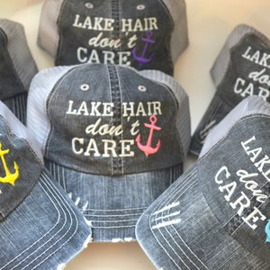 LAKE Hair Don't Care  Anchor Distressed Women's Trucker Hat OR PONYTAIL messy bun Embroidered Cap Boat hair