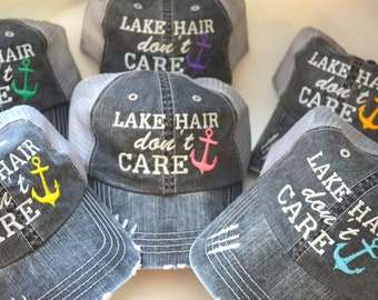LAKE Hair Don&#39;t Care  Anchor Distressed Women&#39;s Trucker Hat Embroidered Cap Black Gray Mesh Cap initials embroidered cap monogram gift