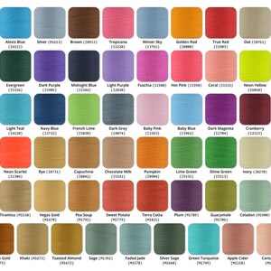 May include: A chart of 64 different coloured embroidery floss spools. Each spool is labelled with a colour name and a number.