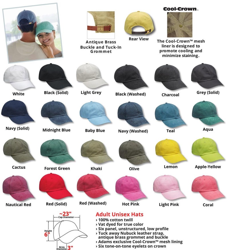 May include: A chart displaying 20 different colours of baseball caps. The caps are arranged in rows and columns. The text "Cool-Crown" is at the top of the chart. The text "Adult Unisex Hats" is at the bottom of the chart. The text describes the features of the hats, including the material, construction, and design. The text also includes the measurements of the hats, including the cap diameter, height, and brim.