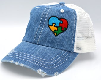 Autism Puzzle Heart cap, Puzzle Heart autism, puzzle piece, autism Love awareness Hat Distressed trucker hat