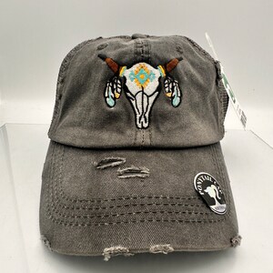 Distressed Cow Skull Baseball Cap: Aztec Embroidered  display picture 1
