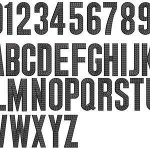 May include: A complete set of black embroidered characters featuring the numbers zero through nine and the uppercase English alphabet from A to Z. Each character displays a distinct stitched texture with a bold, block-style font design.