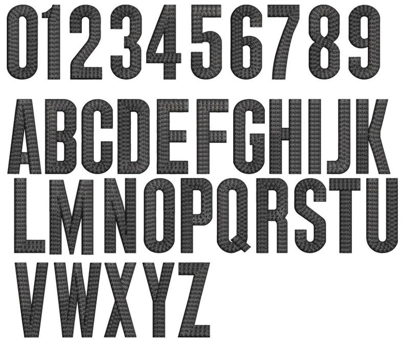 May include: A complete set of black embroidered characters featuring the numbers zero through nine and the uppercase English alphabet from A to Z. Each character displays a distinct stitched texture with a bold, block-style font design.