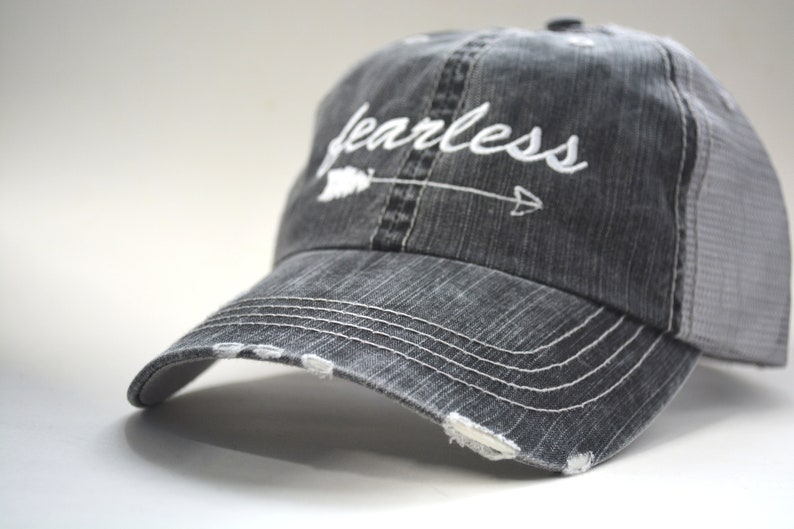 Fearless Distressed Baseball Cap Vintage Gray Trucker Hat with Embroidered Script