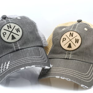 PNW Trucker Hat: Distressed Unisex Leatherette Patch Cap
