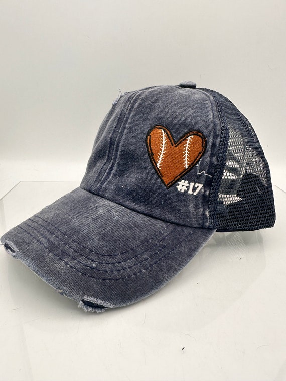 Football Heart Distressed Cap: Ponytail Messy Bun Hat - Etsy display picture 2