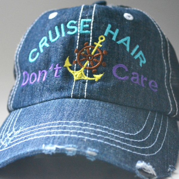 Cruise Hair Don't Care Distressed Women Trucker Hat Mesh Back Denim  Cap Cruise Gifts Girls Trip Ship Cruise Boating Sailing Family Cruise