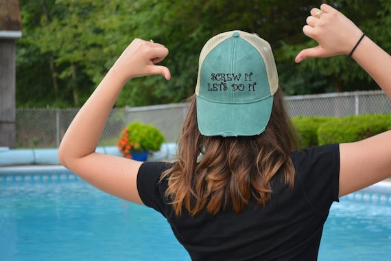 Screw It Lets Do It Distressed Trucker Hat With Funny Sayings Embroidered  Women Mesh Cap Custom Distressed Women's Trucker Aqua Green Black 
