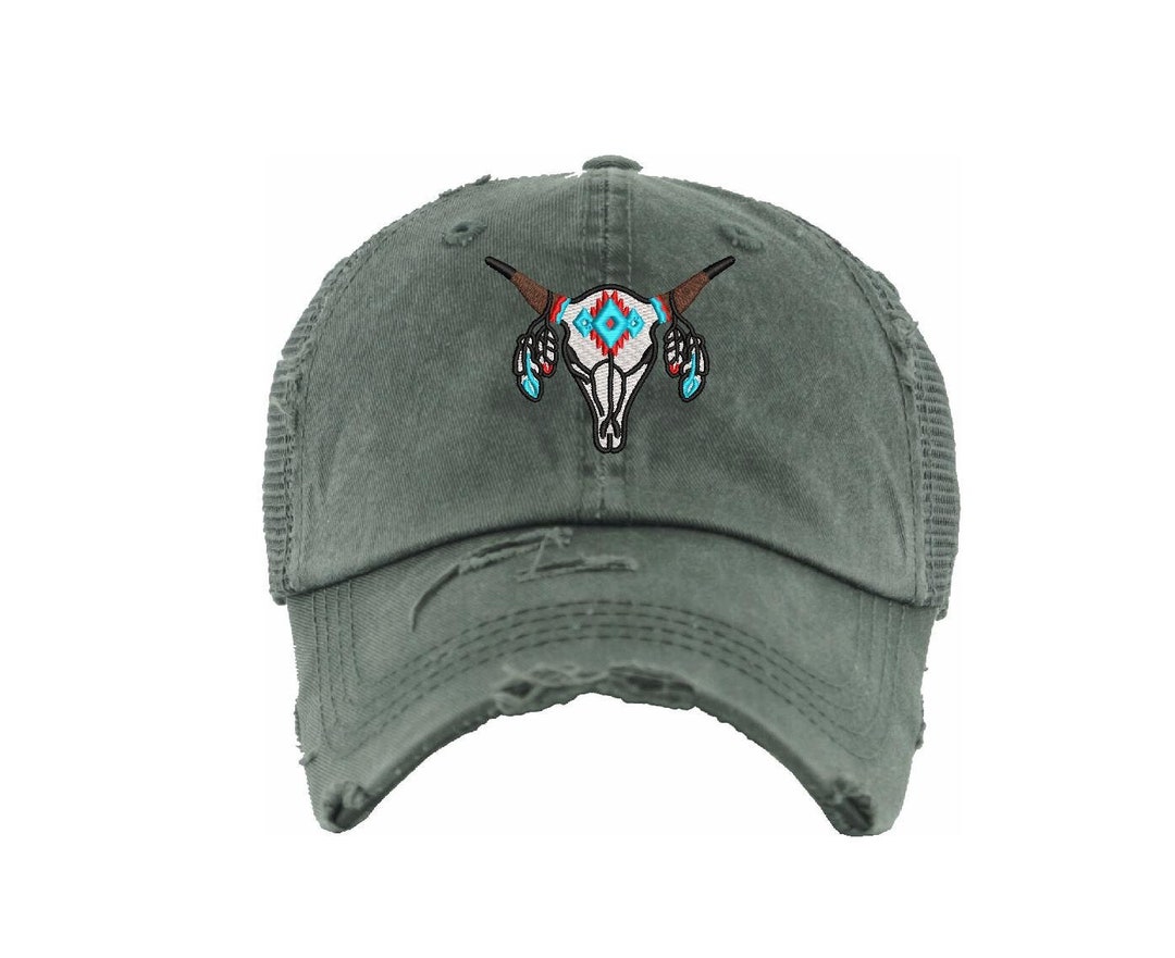 NWT Distressed Black And Cream Ponytail Trucker Cap With Aztec Embrodered Front 2349T-CRBK02_grande.jpg?v=  main image 4