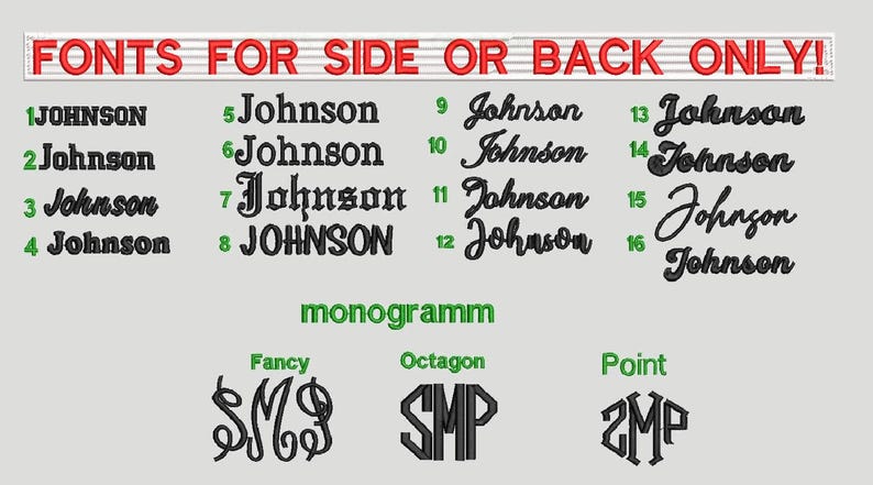 May include: A digital chart displaying sixteen numbered embroidery font styles for the name Johnson, each in black thread. Below, three monogram styles labelled Fancy, Octagon, and Point are shown. The top text reads FONTS FOR SIDE OR BACK ONLY!