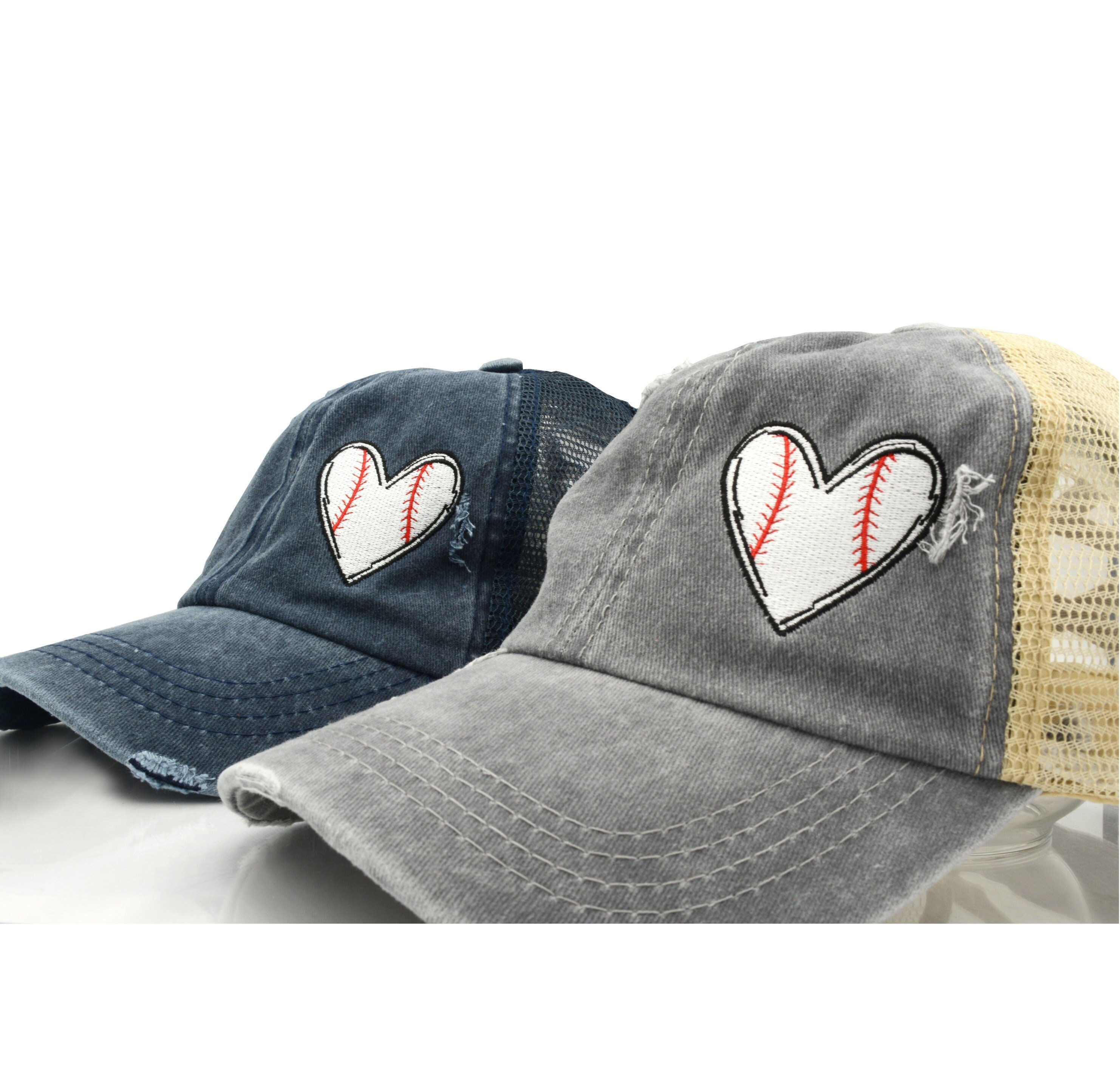 Baseball heart Cap, Ponytail distressed Cap, messy bun cap Sports hearts, Sports Cap,  Baseball mom, Gift for Mom