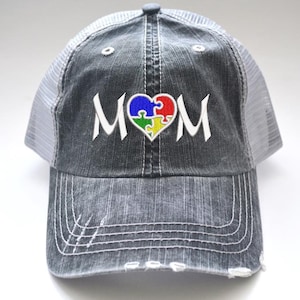 Autism MOM cap, Puzzle Heart autism, puzzle piece, autism awareness Hat Distressed trucker hat