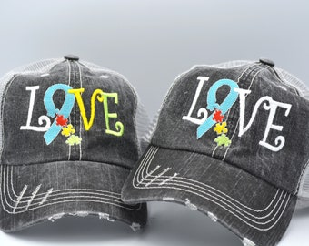 Autism Puzzle Ribbon cap, Embroidered Distressed Trucker Hat Puzzle  autism, puzzle piece, autism Love awareness Hat Unisex Trucker Hat