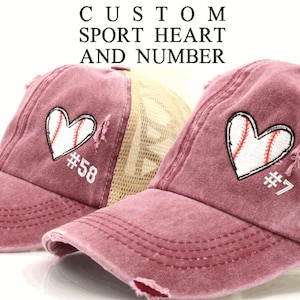 Baseball heart  with Custom Number OR any Sports Criss Cross High Ponytail Messy Bun Cap  Baseball Mom soccer mom Golf heart Gift Game Day