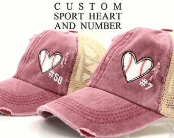 Baseball heart  with Custom Number OR any Sports Criss Cross High Ponytail Messy Bun Cap  Baseball Mom soccer mom Golf heart Gift Game Day