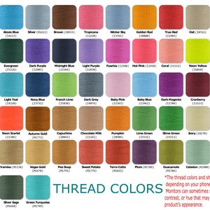 May include: A grid of seventy-five square thread colour swatches arranged in rows and columns. Each swatch displays a unique colour with its corresponding name and code printed underneath. The text THREAD COLORS appears in the bottom right corner.