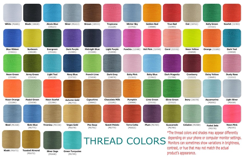 May include: A grid of seventy-five square thread colour swatches arranged in rows and columns. Each swatch displays a unique colour with its corresponding name and code printed underneath. The text THREAD COLORS appears in the bottom right corner.