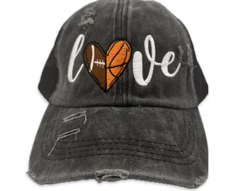 Football Basketball Love Heart  Ponytail Cap - Game Day Mom Gift