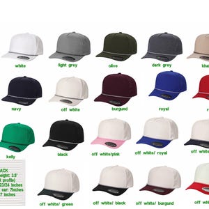 May include: A collection of nineteen five-panel snapback caps in various solid and two-tone colour combinations, each featuring a decorative rope detail across the brim. A text box specifies a front panel height of 8.89 cm and a 6.6 by 17.78 cm brim.