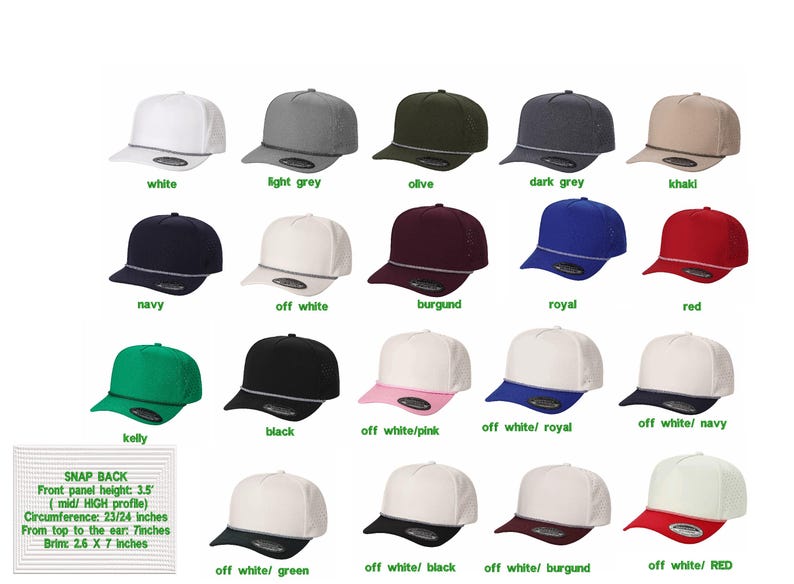 May include: A collection of nineteen five-panel snapback caps in various solid and two-tone colour combinations, each featuring a decorative rope detail across the brim. A text box specifies a front panel height of 8.89 cm and a 6.6 by 17.78 cm brim.