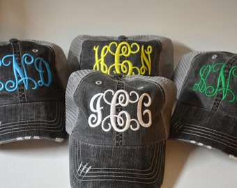 Monogram  Hat Personalized distressed Women's Trucker Cap Black Gray Mesh Cap initials embroidered cap monogram gift