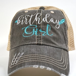 Birthday Girl Hat Distressed Embroidered trucker Women Cap Party Hat Embroidered Blessed Hat Baseball Cap Birthday Gift Hat GREY AQUA PINK