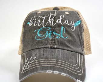 Birthday Girl Hat Distressed Embroidered trucker Women Cap Party Hat Embroidered Blessed Hat Baseball Cap Birthday Gift Hat GREY AQUA PINK