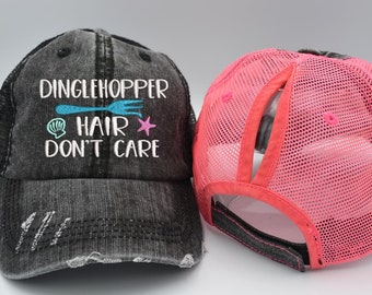 Dinglehopper Hair don't care High Ponytail Messy Bun or REGULAR trucker style Distressed Women's Trucker Hat Personalized Embroidered Cap