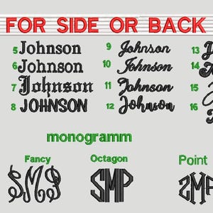 May include: Image showcasing various font styles and monogram options for customization. The text "FONTS FOR SIDE OR BACK ONLY!" is displayed at the top. Sixteen different "Johnson" font styles are shown, along with three monogram styles: Fancy, Octagon, and Point.