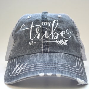 My Tribe Distressed Trucker Hat: Embroidered Arrow, Girls Trip Cap