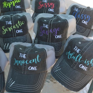Girl Trip Hats, The Single one, The crazy one, Custom Text, Distressed hats, bachelorette party Girls Weekend