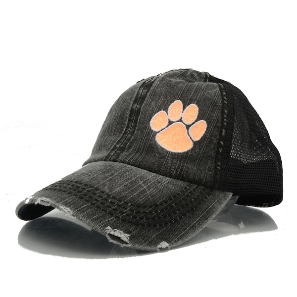 Embroidered Dog Paw Print Cap: Glitter Vintage Distressed Trucker Hat
