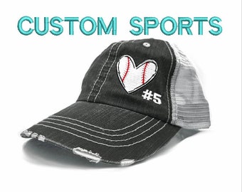Custom Number Baseball Heart High Ponytail Cap: Sports Mom Gift